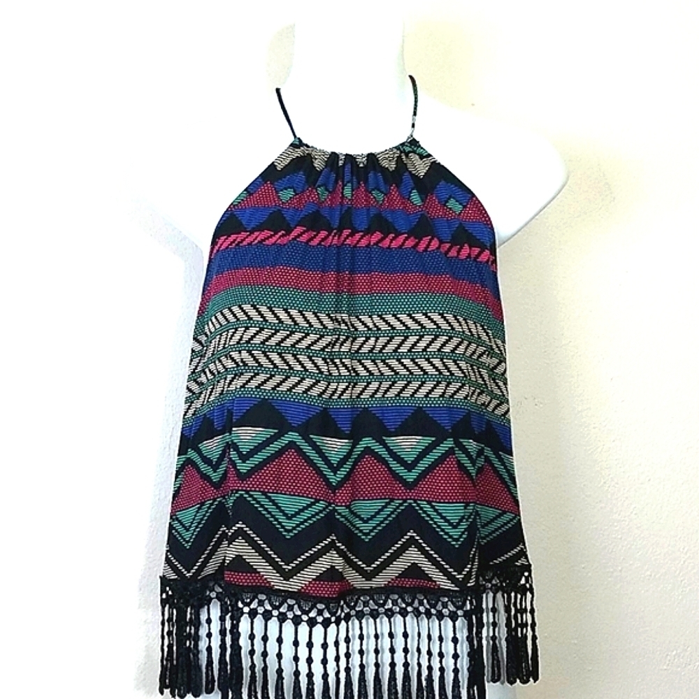 Fringe halter Crop Top striped Grecian print tank adjustable grecian EUC Size S